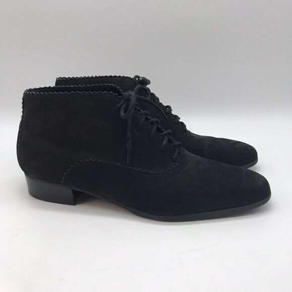 KIKIT Mat Black Leather Booties Women's 8 Lace Up Ankle Boots ZigZag Design Shoe - Picture 1 of 10